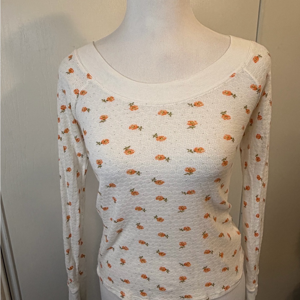 Vintage Free People Y2K Floral Thermal Top Scoop Neck Cottagecore Size L Cotton